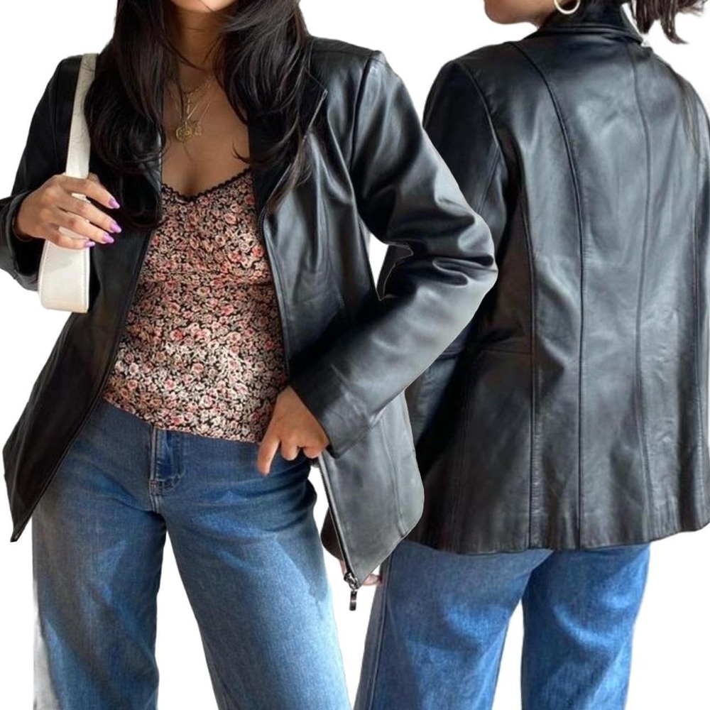 Vintage Worthington Leather Jacket Women Small Black Lambskin Zip Up Moto Y2K